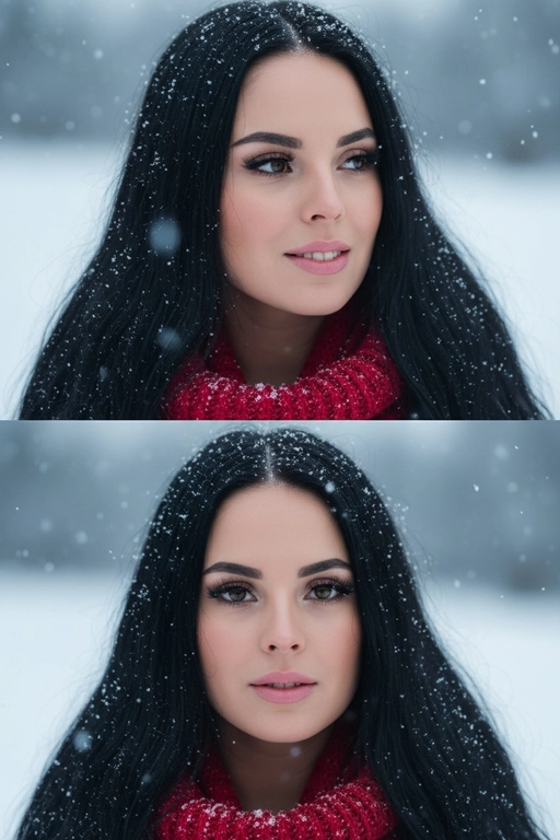 Создай коллаж из двух кадров человека, снятых крупным планом на улице зимой. Камера расположена близко, чтобы в кадре были видны лицо, шея и часть одежды. Главный акцент — на лице, глазах и снежинках, которые легли на волосы и ресницы.

Освещение мягкое, естественное, как в пасмурный зимний день. Вокруг падает лёгкий снег, отдельные снежинки чётко видны в воздухе и на коже. Фон — мягко размытый, с холодными оттенками (бело-голубой, серо-синий).

Первый кадр — человек смотрит в сторону, выражение мягкое, задумчивое, естественное. Крупный план лица, видно часть красного шарфа.
Второй кадр — прямой взгляд в камеру, нейтральное или лёгкое выражение лица, ресницы в снегу. Крупный план лица, видно часть красного шарфа.

Кожа чистая и естественная, без ретуши, текстура лица и губ сохранена. Фото выглядят как профессиональная зимняя портретная съёмка крупным планом, с эффектом свежести и спокойствия.

Оба кадра объединены в вертикальный коллаж в едином тоне и свете. Атмосфера — реалистичная, теплая и немного кинематографичная.