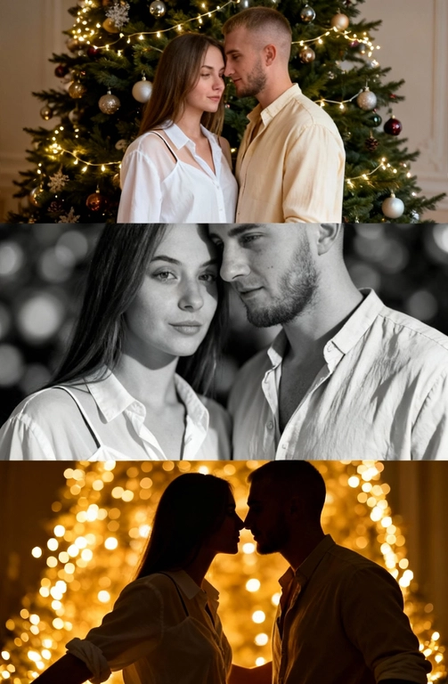 Создай новогодний кинематографичный коллаж, состоящий из трёх горизонтальных кадров друг под другом. Вечер, приглушенный свет, тёплый свет гирлянд, мягкое боке, уютная домашняя атмосфера. 

Кадр 1 (верхний): широкий план. Пара у украшенной новогодней ёлки.
Одежда: девушка в лёгкой белой рубашке, надетой свободно на шелковый топ на тонких бретельках, слегка сползающей с плеч; парень — в светлой рубашке бежево-молочного оттенка. Слабый свет гирлянд, мягкие тени, спокойный романтичный момент.

Кадр 2 (средний): крупный чёрно-белый портрет. Их лица близко, мягкое боке позади. Одежда: те же свободные рубашки, видны только верхние части — мягкая ткань, естественные складки, домашний уют. 

Кадр 3 (нижний): силуэтный кадр на фоне ярких огней. Пара тянется друг к другу. Одежда: светлые рубашки, расстёгнутые манжеты, мягко подсвеченные гирляндами. Золотой свет, много боке, тёплое новогоднее настроение.

Стиль: тёплый, нежный, интимный, романтичный, кинематографичный.