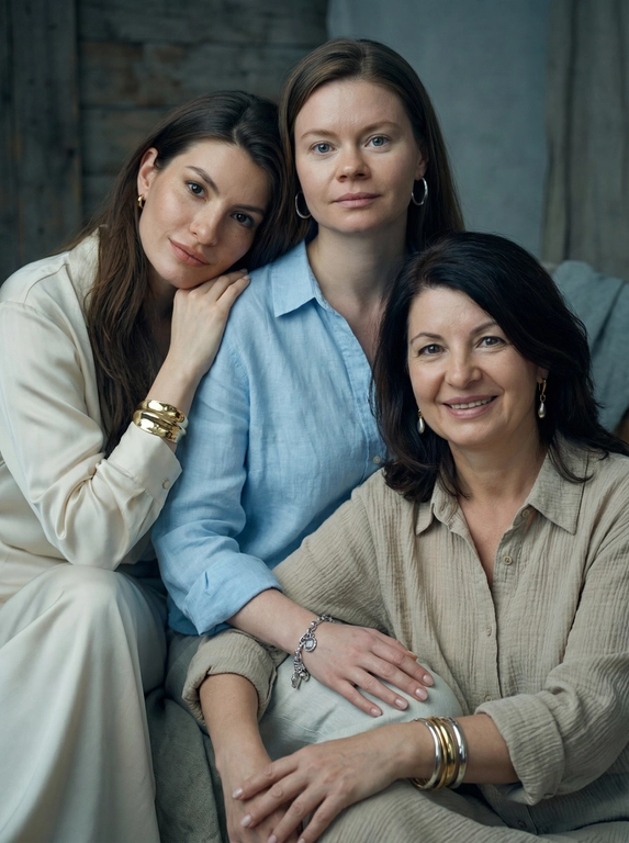   Устрой троим фотосессию семейную. Мягкий фокус на руках и лицах. Освещение холодное. Фото в стиле энни лейбовец, четкий фокус. Фото реалистичное в 7к. Одеты они в разные рубашки светлых оттенков подходящие по стилю. На них так же надеты аксессуары. Серьги средних размеров, браслеты. 