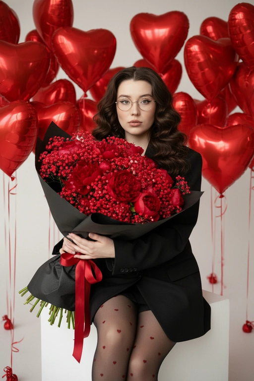 Создай крупный портрет, не меняя черты лица. Эстетичный снимок в стиле высокой моды (Vogue). В центре композиции - девушка, сидящая на белом кубе, она держит огромный пышный букет в черной матовой крафтовой бумаге с красной лентой. Девушка одета в оверсайз черный жакет (блейзер) и тонкие черные капроновые колготки с мелким принтом в виде красных сердечек.  Безупречный макияж. На заднем плане — минималистичный светлый интерьер, заполненный множеством парящих красных фольгированных шаров в форме сердец на тонких лентах. Освещение мягкое, студийное, создающее легкие блики на глянцевой поверхности шаров и подчеркивающее текстуру цветов.

Стиль и качество: Кинематографичный кадр, гиперреализм, высокая детализация тканей и лепестков.
Глубокий контраст между насыщенным красным цветом и строгим черным цветом одежды. Камера на уровне глаз, объектив 35mm, f/2.8. Огромный и пышный букет из ярко-красной гипсофилы с красными пионами. Сохранить очки как на фото. Волосы длинные, волнистые локоны. Ножки немного пышные