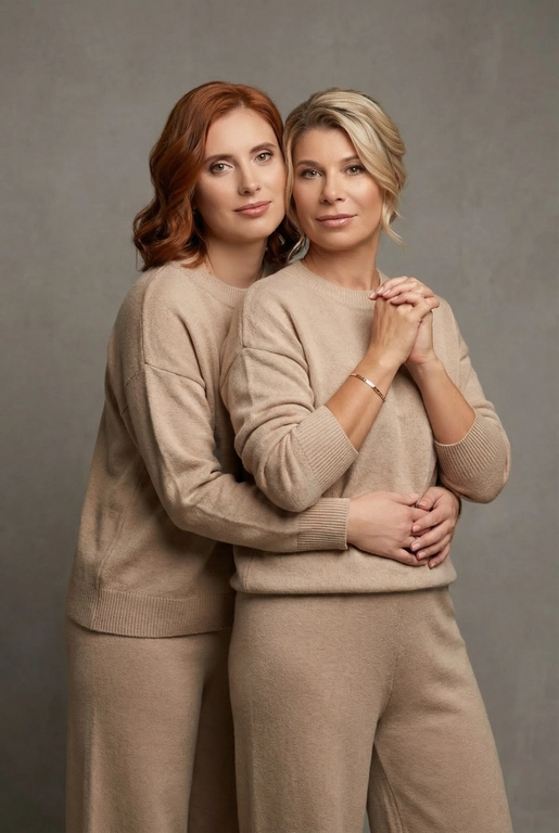 Используй эти два фото мамы и дочери и создай для них студийный портрет в чистом и элегантном стиле. Они стоят рядом, очень близко друг к другу. Дочь мягко обнимает маму за руку и слегка к ней прижимается со спины. Мама сложила руки перед грудью. Образ минималистичный, современный и стильный. На руке у матери тонкий золотой браслет. Профессиональный макияж и прическа.  Не менять черты лица ни на 1 процент. Фон — нейтральный серый с мягкой текстурой. Освещение рассеянное, мягкое, подчёркивающее естественные тона кожи. Атмосфера тёплая, нежная и спокойная, в стиле журнальной съёмки. Обе в свободных стильных бежевых свитерах и брюках.