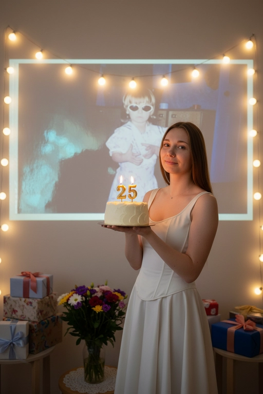 Создай ультрареалистичное фото, сделанное на камеру телефона в комнате, где изображен человек, который держит бенто торт с горящими золотыми свечами. В качестве фона на однотонную стену проецируется фотография из детства. Спроецированное фото занимает большую часть фона. Сочетание образов взрослого человека и ребёнка на фоне создаёт тёплую, ностальгическую атмосферу, подчеркивая связь между прошлым и настоящим. На стене висят гирлянды, рядом со стеной виднеются подарки и букет цветов. Снимок выглядит очень стильным и продуманным, присутствует ощущение праздника и воспоминаний. Не меняй внешность, полностью сохрани черты лица. Свечи на торте в форме числа 25. Женщина одета в молочное корсетное платье.