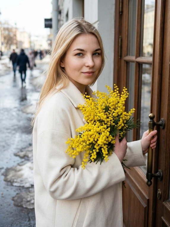 Сохранить черты лица и внешность, возраст, натуральный тон без ретуши. Средне-крупный план (от талии вверх), камера слева от женщины, лицо занимает не менее 35% кадра. Женщина стоит у входа в городское кафе с деревянной дверью и стеклянными вставками, корпус слегка развернут в 3/4 к камере. Лицом к двери, одной рукой держит ручку закрытой двери, другой прижимает к груди огромный пышный букет ярко-жёлтой мимозы. На ней элегантное светлое пальто (молочный оттенок), свободный крой. Волосы как на исходном фото слегка взъерошены ветром Мягкое выражение лица, лёгкая улыбка, взгляд в камеру. Атмосфера начала весны: тающий снег по краям улицы, влажный асфальт, мягкий рассеянный дневной свет, лёгкая прохлада в воздухе. Цветовая палитра нейтральная с ярким акцентом жёлтой мимозы. Фотореализм, натуральная текстура ткани и цветов, без HDR, без пластика, мягкий контраст, 35mm look.