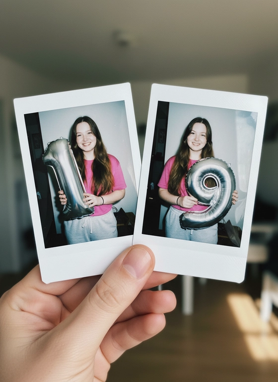 Создай фото - на нем изображено два снимка полароида в зажатых пальцах. На полароидных снимках девушка, черты лица не изменять, длинные распущенные волосы. На первом девушка держит надутый шар цифры один, на втором снимке девушка держит надутый шар цифры девять. Девушка одета в серые спортивные штаны и розовую футболку. Счастливо улыбается, в кадр. Снимок в стиле ретро.