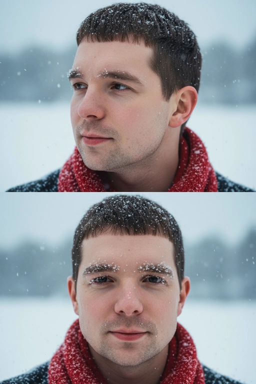 Создай коллаж из двух кадров человека, снятых крупным планом на улице зимой. Камера расположена близко, чтобы в кадре были видны лицо, шея и часть одежды. Главный акцент — на лице, глазах и снежинках, которые легли на волосы и ресницы.

Освещение мягкое, естественное, как в пасмурный зимний день. Вокруг падает лёгкий снег, отдельные снежинки чётко видны в воздухе и на коже. Фон — мягко размытый, с холодными оттенками (бело-голубой, серо-синий).

Первый кадр — человек смотрит в сторону, выражение мягкое, задумчивое, естественное. Крупный план лица, видно часть красного шарфа.
Второй кадр — прямой взгляд в камеру, нейтральное или лёгкое выражение лица, ресницы в снегу. Крупный план лица, видно часть красного шарфа.

Кожа чистая и естественная, без ретуши, текстура лица и губ сохранена. Фото выглядят как профессиональная зимняя портретная съёмка крупным планом, с эффектом свежести и спокойствия.

Оба кадра объединены в вертикальный коллаж в едином тоне и свете. Атмосфера — реалистичная, теплая и немного кинематографичная.
