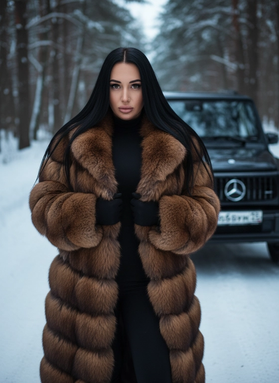 Создай, не меняя черты лица. Реалистичный снимок, высокая детализация лица, кадр на заснеженной лесной дороге при холодном мягком зимнем освещении, подчёркивающем контраст суровой природы и гламура.  
Портретная съёмка. Женщина стоит у машины, смотрит в камеру. На ней чёрный облегающий комбинезон с длинными рукавами и высоким горлом, длинная, объёмная, натуральная меховая шуба коричневого цвета с фактурой, руки перед собой. Свет и тени акцентируют линии тела и стройность позы, мощная машина на фоне сочетает индустриальную холодность с природной суровостью. Снег покрывает землю, создавая контраст тепла меха и мороза, придавая атмосфере таинственность и силу. Цвета — приглушённые тёмные и естественные с акцентом на чёрное и коричневое, как кадр из кинематографичного модного фотопроекта, фотореалистичное, высокая текстурная детализация, 4К. Сзади автомобиль Mercedes‑Benz G 63 AMG