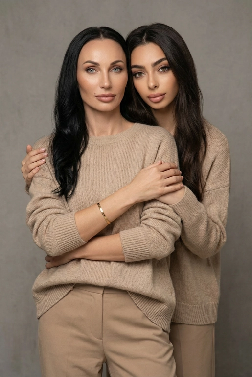 Используй эти два фото мамы и дочери и создай для них студийный портрет в чистом и элегантном стиле. Они стоят рядом, очень близко друг к другу. Дочь мягко обнимает маму за руку и слегка к ней прижимается со спины. Мама сложила руки перед грудью. Образ минималистичный, современный и стильный. На руке у матери тонкий золотой браслет. Профессиональный макияж и прическа.  Не менять черты лица ни на 1 процент. Фон — нейтральный серый с мягкой текстурой. Освещение рассеянное, мягкое, подчёркивающее естественные тона кожи. Атмосфера тёплая, нежная и спокойная, в стиле журнальной съёмки. Обе в свободных стильных бежевых свитерах и брюках.