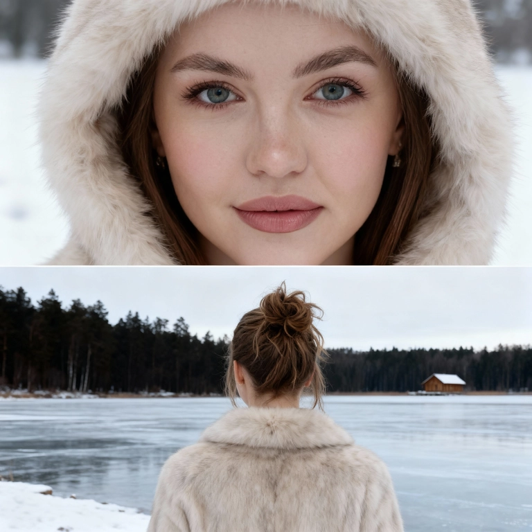 Создай коллаж не меняя черты лица. Верхний кадр (Крупный план лица в капюшоне): Детальный, крупный, чувственный портрет молодой женщины, снятый с очень близкого расстояния. Мое лицо обрамлено меховым  капюшоном светлого цвета. Фон зимний. У меня натуральный, свежий макияж (румянец, блеск для губ). Выражение лица, спокойное, взгляд в камеру. Стиль: кинематографическое качество, глянцевая фэшн-фотография, гиперреализм, мягкое, естественное, зимнее освещение. Нижний кадр (Спиной к озеру): Я в светлой меховой шубе, стою спиной к камере. У меня собраны волосы в небрежный пучок, снизу. я стою на краю, покрытого льдом озера. на горизонте видно несколько темных деревьев и небольшой деревянный домик. Стиль: портрет по пояс, пейзажная фотография, зимний романтизм, кинематографический кадр, естественное дневное освещение. Профессиональная студийная/журнальная съемка, идеальный свет, качество 8К.