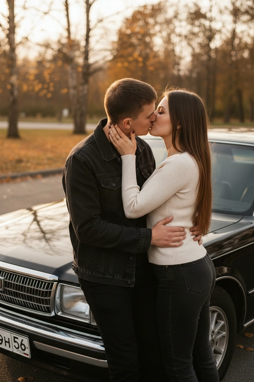 Используй предоставленные изображения и создай фото, где мужчина и женщина стоят, облокотившись на капот автомобиля и целуются. Атмосфера романтичная, осенняя. Средний план людей. Не меняй внешность людей. Машина и люди занимают почти весь кадр. Автомобиль - черный Toyota crown 
