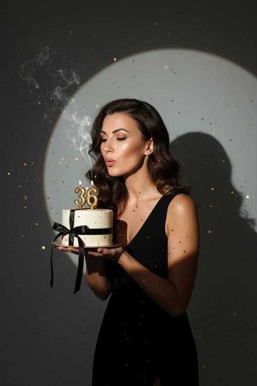 Фотореалистичный портрет женщины с точно таким же лицом, чертами, выражением и цветом волос, как на исходной фотографии - ничего не изменять. Атмосфера - день рождения: мягкий блеск свечи отражается на её лице, в воздухе лёгкие золотистые блёстки, создающие праздничное сияние. Фон темно-серый. Освещение студийное, контрастное, с кругом света на фоне, создающим выразительную тень. Волосы - волнистые, мягко подсвечены. Она немного стоит полубоком. Женщина держит в руках маленький праздничный торт, украшенным чёрными лентами и изящной цифрой из золотых свечей; Она сдувает свечу. Она одета в черное платье без рукавов. Свечки в виде цифр 36