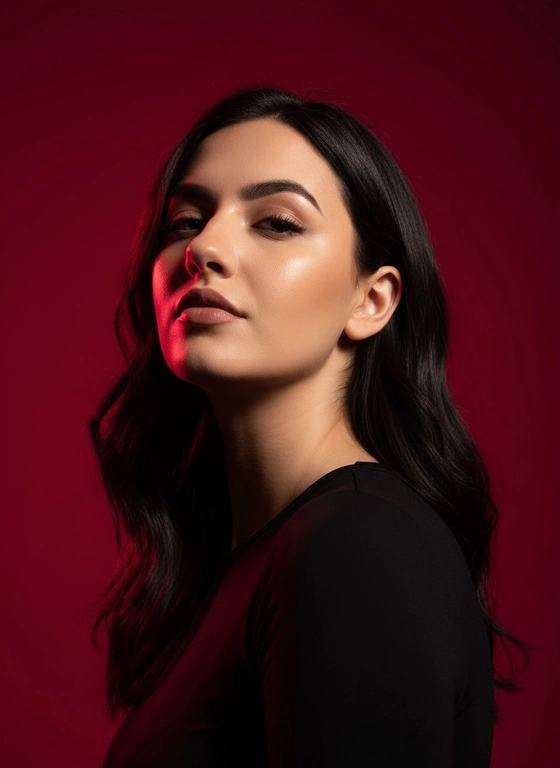 Создай портрет, используя те же черты лица (на основе загруженного фото), характеризующийся резким кинематографическим освещением и интенсивным контрастом. Снятый с немного нижнего ракурса, направленного вверх, что подчеркивает линию подбородка и шеи модели, этот портрет производит впечатление доминантности и скульптурной элегантности. Фон — глубокий, насыщенный малиново-красный, создающий яркий визуальный контраст со сияющей кожей модели и темной одеждой.