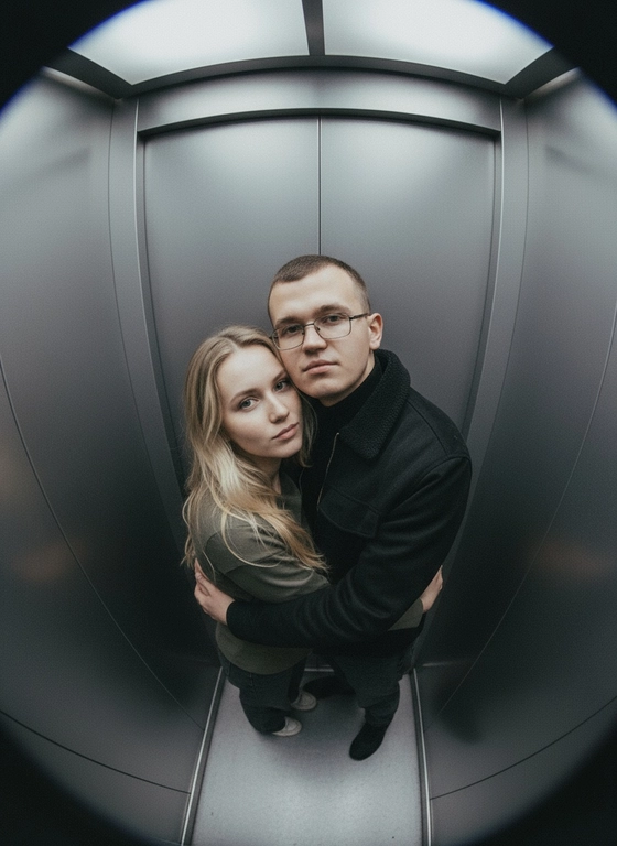 Используй предоставленные изображения и создай фото с двумя людьми в лифте с металлическими стенами. Цветовая гамма с преообладанием серых металлических оттенков. Кадр снят с максимально верхнего ракурса, люди будто заглядывают в камеру, их головы подняты наверх, взгляд в камеру. Легкий эффект fish eye. Реалистичное фото. Зернистость пленочного фото, насыщенные цвета, стиль фото y2k. Сохрани черты лица людей. Они обнимаются.