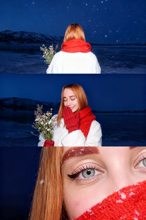 Создай коллаж не меняя черты лица. Кинематографический зимний коллаж из трёх кадров: девушка на фоне заснеженных гор и замёрзшего озера, мягкий вечерний свет, холодно, падает снег. На ней белое шерстяное пальто и ярко-красный шарф, в руках букет зимних полевых цветов. Первый кадр — со спины, её волосы и красный шарф выделяются на фоне темно-синего неба и гор; второй кадр — человек стоит на фоне темно-синего неба, улыбается, смотрит вниз, в одной руке букет, второй рукой прикрывает лицо. На руках красные вязаные перчатки. атмосфера лёгкости и свежести. на ней белое шерстяное пальто и ярко-красный шарф; третий кадр — очень крупный портрет на фоне темно-синего неба, взгляд в камеру, на ресницах снег, мягкий румянец, естественный макияж. Видно часть шарфа. Акцент на глаза. Настроение — романтичное, зимнее, немного меланхоличное, стиль — реалистичный, кинематографический, контраст белого снега и красных акцентов. Все фото сделаны ночью со вспышкой. Пленочная фотография.