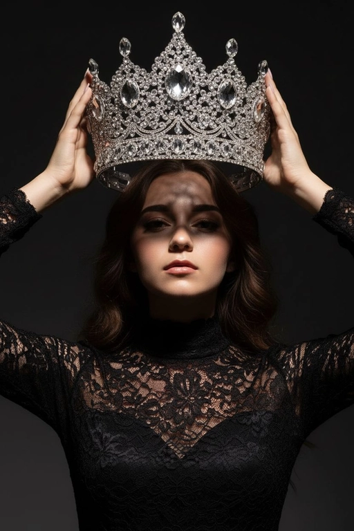 Модный портрет женщины крупным планом, стоящей прямо перед камерой, со слегка приподнятым подбородком. Она держит двумя руками почти над головой искусно выполненную корону с богатым филигранным орнаментом и крупными сверкающими драгоценными камнями. Корона находится в резком фокусе, отбрасывая тень на лицо. Освещение падает сверху, подчёркивая корону и создавая драматичный, контрастный эффект. Тёмная тень на лице усиливает ощущение таинственности и элегантности. Её платье – из тонкого чёрного кружева с высоким воротом. Фон темный, усиливая драматизм. Корона полностью хрустальная.