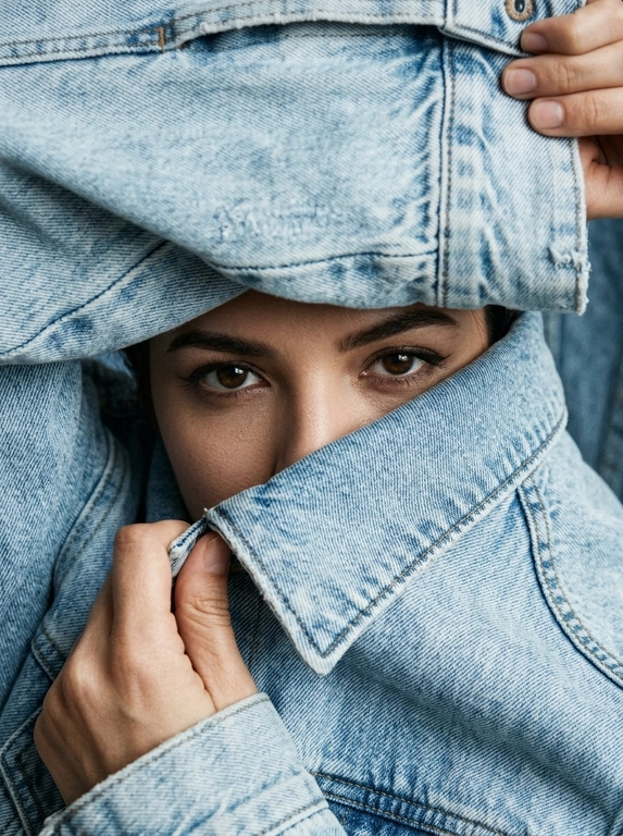 Экстремально крупный фотореалистичный fashion editorial портрет. Камера очень близко к лицу, плотный кадр, ракурс почти на уровне глаз с лёгким верхним углом. Модель не стоит прямо, а будто прячется внутри объёмной светло-голубой джинсовой куртки. Поза читается только через руки, лицо и ткань.

Весь кадр заполнен джинсой и руками. Сверху большой слой денима нависает над бровями, снизу поднятый воротник диагонально закрывает лицо до переносицы. Видны только глаза, брови, переносица и небольшой участок кожи вокруг глаз. Рот, подбородок, щёки, шея и причёска скрыты. Волосы почти не видны, максимум лёгкая тень у линии роста волос.

Одна рука сверху справа держит верхний край джинсовой куртки, частично обрезана кадром. Вторая рука снизу слева подтягивает воротник ближе к лицу. Пальцы естественно сжимают плотную ткань, создавая натяжение, складки и объём. Композиция тесная, асимметричная, с диагональными линиями ткани вокруг глаз.

Деним главный элемент кадра: светло-голубая washed denim ткань, плотная, матовая, тяжёлая, с выраженной фактурой, видимым плетением, мягкими потёртостями, заломами, массивными швами и контрастной строчкой. Джинсовая куртка выглядит натурально, объёмно и очень близко к камере.

Глаза смотрят прямо в камеру из-под бровей. Взгляд спокойный, глубокий, уверенный и слегка загадочный. Один глаз немного в тени, второй более чёткий и освещённый. Макияж глаз аккуратный: тонкая вытянутая стрелка, лёгкий cat-eye эффект, подчёркнутые ресницы, натуральные брови. В глазах живые естественные блики.

Кожа вокруг глаз реалистичная, с натуральной текстурой, мягкими порами и естественными бликами. Без пластикового сглаживания, без чрезмерной ретуши, без AI-эффекта.

Освещение мягкое, естественное, слегка контрастное, как в дорогой editorial-съёмке. Свет подчёркивает глаза, переносицу, руки, швы и складки денима. Тени глубокие, но натуральные. Цвета спокойные и реалистичные: светло-голубой деним, нейтральный тон кожи, мягкие тени.

Фон полностью отсутствует. В кадре только джинсовая ткань, руки и узкий фрагмент лица. Ultra realistic close-up, luxury denim editorial, natural film grain, shallow depth of field, soft sharpness, high detail, realistic skin texture, realistic denim texture, no CGI, no plastic skin, no over-retouching.

Negative prompt: visible hairstyle, loose hair, open face, full face, mouth visible, chin visible, neck visible, full body, standing pose, normal jacket pose, symmetrical framing, empty background, studio backdrop, glossy denim, plastic skin, AI smoothing.