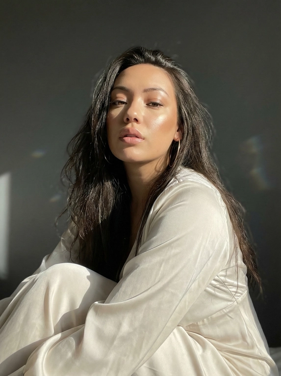   Создано с помощью сервиса Создать по своему фото и промпту

Промпт пользователя:
создай портрет, не меняя черты лица. кинематографический портрет крупным планом, Модель сидит в расслабленной позе, слегка наклонив туловище вперед, смотрит в камеру, губы слегка приоткрыты, подбородок приподнят.  На ней струящееся шелковое платье молочного увета.  Яркий солнечный свет освещает ее лицо, подчеркивая структуру костей, скулы и сияющую бронзовую кожу. Девушка чуть в теле.Ее волосы темные и распущены Волос длинный. Крупные серьги кольцами Фон - темно-серая стена с мягким акцентом и едва заметными солнечными бликами. Атмосфера утонченная и кинематографичная, она создает ощущение современного шика и внутреннего покоя. Цветовая палитра включает графит, жемчужно-белый и теплую бронзу, а мягкий свет ...
