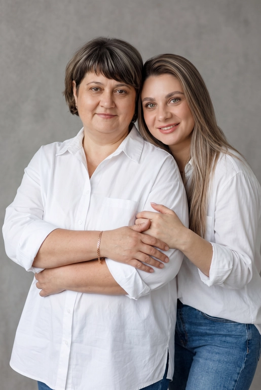 Используй эти два фото мамы и дочери и создай для них студийный портрет в чистом и элегантном стиле. Они стоят рядом, очень близко друг к другу. Дочь мягко обнимает маму за руку и слегка к ней прижимается со спины. Мама сложила руки перед грудью. Образ минималистичный, современный и стильный. На руке у матери тонкий золотой браслет. Профессиональный макияж и прическа.  Не менять черты лица ни на 1 процент. Фон — нейтральный серый с мягкой текстурой. Освещение рассеянное, мягкое, подчёркивающее естественные тона кожи. Атмосфера тёплая, нежная и спокойная, в стиле журнальной съёмки.

Обе в свободных стильных белых рубашках с подвернутыми рукавами и джинсах.