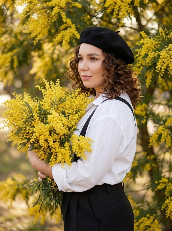  

вертикальный формат 9:16, крупный план от верхней части бёдер/талии до макушки.
модель занимает почти весь кадр.
Фон - цветущее дерево мимозы.
Не меняя внешность. 
Поза:
Тело развернуто в лёгкие три четверти,
Голова слегка повернута в сторону (влево), взгляд направлен в сторону, не в камеру. Выражение спокойное, уверенное, чувственное, с легкой полуулыбкой.
Она держит в руках огромный букет мимозы, пышный, свежий, прижимает к груди.
Внешность:
Объемные локоны.Чёрный классический берет.
Одежда:
–белая рубашка свободного кроя,
– чёрные подтяжки поверх рубашки
– чёрные брюки с высокой посадкой (видна только верхн...
