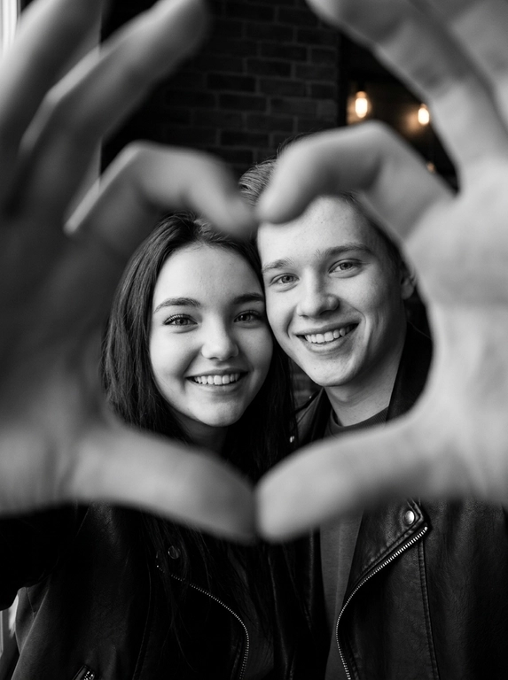 Ultra-realistic editorial photography of a smiling couple in a romantic and cinematic composition. The couple is centered in the background of the image, looking directly at the camera with a spontaneous, happy, and natural expression. In the foreground, extremely close to the lens and slightly out of focus, the couple’s hands form a heart shape perfectly framing their faces.

The composition creates strong visual depth, with sharp focus on the eyes and faces inside the heart formed by the hands. The hands occupy a large portion of the foreground, artistically blurred around the edges, creating a sophisticated cinematic effect.

Intimate, emotional, and elegant aesthetic inspired by modern perfume campaigns and premium lifestyle editorials. Soft studio lighting with delicate contrast and natural shadows. Minimalistic dark blurred background.

The couple wears minimalistic black leather jackets and sophisticated dark clothing. Genuine expressions, strong emotional connection, contemporary romantic atmosphere. Hyper-realistic skin texture, visible pores, detailed hair strands, authentic human appearance.

Black and white photography, rich tones, deep blacks, and soft highlights. 85mm lens, shallow depth of field, cinematic portrait photography, luxury editorial style, ultra detailed, hyper realistic, 8K.