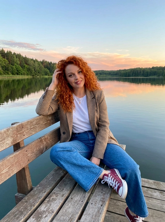 Портретная фотография на природе во время заката. Женщина сидит на деревянной скамейке со спинкой у берега спокойного водоема или реки. На заднем плане виден лесистый берег, а небо с облаками отражается в воде. Атмосфера кадра тихая, спокойная и умиротворенная. Цветовая гамма теплая и мягкая, с сочетанием голубых, розовых и оранжевых оттенков закатного неба.
На женщине белая футболка, голубые широкие оверсайз джинсы и бордовые кеды  Converse Chuck Taylor All Star OX с белыми шнурками. Поверх футболки накинут пиджак в клетку коричнево-бежевых тонов. Образ выглядит повседневно, естественно и расслабленно.
Поза непринужденная: женщина сидит на скамейке полулежа, слегка облокотившись на спинку. Одна рука поднята к голове, будто она поправляет волосы или просто касается виска в естественном жесте. Взгляд направлен прямо в камеру. Кадр передает ощущение уюта, тишины и вечернего покоя. Реалистичная фотография, мягкий естественный свет, живая атмосфера, натуральные цвета, спокойное lifestyle-настроение.