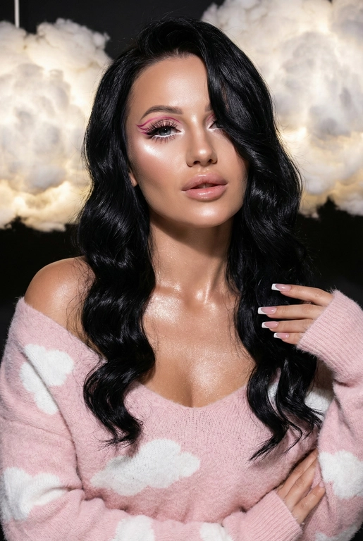 Крупный план лица девушки в стиле «высокой моды». Элегантный макияж глаза с длинными острыми нежно розовые двойные изогнутые стрелки, длинные густые ресницы эффект лучики, нижние густо ресницы накрашены белым и белый каял карандаш на нижнем веке белый Хайлайтер во внутренних уголках и скулах. Губы слегка приоткрыты в легкой ухмылке в легком блеске. Голова наклонена в сторону. На ней пушистый дорогой кашемировый нежно розовый свитер с белыми облаками плечи открыты.
За ней свисают объемные пушистые облака из ваты подсвеченные белым изнутри. Тело и декольте подсвечены хайлайтером и шиммером. Высокая детализация текстур кожи, одежды и волос. Черты лица-полностью сохранены как на референсном фото.
Ногти френч квадрат длинные.
На фоне светлая большая бьюти студия, вокруг темно, ее лицо освещено яркой лампой.  Волосы очень длинные блестящие прическа пляжные локоны. Локон волос падает на лицо 