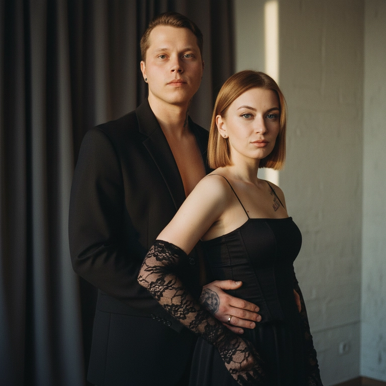СТРОГО СОХРАНИ ВНЕШНОСТЬ обоих людей с прикреплённого фото, 1:1. Не менять лица, черты, возраст, волосы, пропорции тела. Использовать загруженное фото как эталон внешности.
Гиперреалистичное, редакционное fashion-фото, парный портрет. Мужчина стоит позади девушки, корпус ровный, плечи расправлены. Девушка стоит перед ним, спиной и плечом прижата к его груди. Его правая рука лежит на её талии, удерживая. Девушка слегка развёрнута корпусом к камере, одна рука согнута и лежит на нижней части живота, вторая рука расслаблена вдоль тела. Поза статичная, устойчивая, без движения и позирования.
Оба смотрят прямо в камеру, выражение лиц спокойное, уверенное, холодное.
Одежда: на мужчине чёрный расстёгнутый жакет. На девушке чёрное корсетное платье, чёрные кружевные перчатки до локтей. 
Фон интерьерный: справа светлая текстурная стена, слева плотные тёмные занавешенные  шторы. сбоку между штор и стеной пробивается мягкая свет. Свет тёплый, боковой, естественные тени. текстура плёнка, лёгкая зернистость.