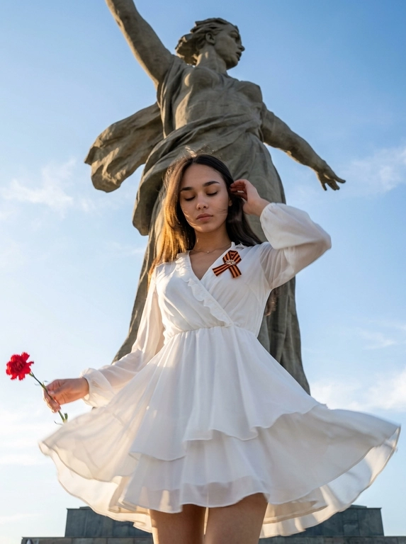 Фотореалистичная съёмка у монумента «Родина-мать зовёт» в
Волгограде. Крупный план, ракурс снизу вверх с небольшим наклоном камеры. Женщина в кадре по пояс, кружится вправо. Лёгкий motion blur на развевающихся волосах, краях ткани и кончиках пальцев. Голова опущена и слегка наклонена, глаза прикрыты, выражение спокойное и сосредоточенное.
Правая рука поднята к голове, заправляет прядь за ухо. Левая рука опущена и держит красную гвоздику. Платье белое летящее с длинными свободными рукавами,
V-образным вырезом, рюшами по декольте и плечам, многослойной воздушной юбкой с оборками, развевается на ветру. На груди приколота Георгиевская лента. На заднем плане монумент «Родина-мать зовёт» - гигантская каменная скульптура женщины с поднятым мечом в правой руке и отведённой в сторону левой, голова повёрнута влево. Ракурс снизу подчёркивает масштаб.
Небо ясное голубое с лёгкими перистыми облаками. Свет естественный солнечный, фронтально-боковой, тёплые блики на коже и ткани, мягкие тени на скульптуре. Композиция: женщина снизу справа, монумент занимает верхнюю часть кадра.
Цветокоррекция нейтральная тёплая, высокая детализация ткани, волос, камня и металла.