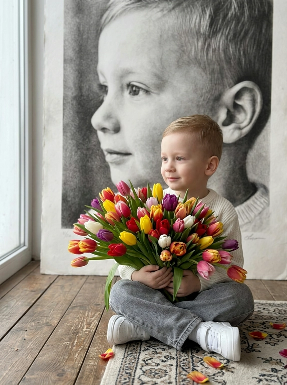Создай портрет, не меняя черты лица, и превратите его в художественный портрет.
Ребенок сидит на полу в изящной позе, в белой кофте, мягких свободных серых джинсах и белых спортивных кроссовках. Ребенок держит в руках огромный букет ярких разноцветных тюльпанов.
Выражение лица — лёгкая улыбка, ребенок смотрит в сторону. 
Фон — тот же его профиль, в мягком крупном чёрно-белом художественном стиле, крупный план сбоку.
Композиция должна быть художественной, мягкой, реалистичной.
Создай изображение, которое выглядит как настоящая фотография. 
Не меняй черты лица.