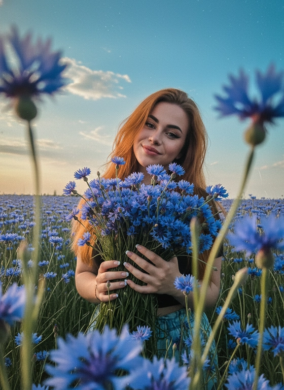 Не меняя внешность, сходство 100%.
Создай фотографию, сделанную с предельно низкого ракурса, на фоне зарослей васильков на переднем плане, с размытыми стеблями и лепестками, обрамляющими объектив в художественную композицию. 
Девушка грациозно стоит на лугу, ее волосы очень густые с зеркальным блеском, пышные, , цвет как на референсе, развеиваются на ветру, мягкие пряди падают на ее сияющий лоб. На ней образ со второй приложенной фото.
Маникюр ровный, аккуратный, квадратной формы, короткий, френч.
В руках она держит букет очень пышный огромный 10000 свежих васильков, цветы которых перекликаются с окружающим полем.
На заднем плане простирается луг – густые, васильки, колышущиеся под ярким лазурным небом, украшенным сияющими облаками.
Она застенчиво улыбается сквозь букет цветов. Естественная текстура кожи и волос, макияж с нежным легким румянцем едва заметным, хайлайтер на теле, розовые пыльная роза губы очерченные аккуратным контуром, хайлайтер на лице, длинные стрелки. Кадр намеренно неидеальный: сильный motion blur, длинная выдержка, высокий ISO, выраженное зерно.
 Свет и эффекты: Низкий ключ. Контровой свет от заката. Очень плотный, теплый туман. 
Фото со вспышкой. неидеальный фокус: глаза в резкости, фон слегка размыт
→ imperfect focus, sharp eyes with softly blurred background, real smartphone bokeh. заваленный горизонт, лёгкий наклон кадра
→ tilted horizon, slightly crooked framing, off-kilter composition
• лёгкий смаз от движения руки
→ slight motion blur from handheld shake, subtle camera shake. Эффект старой плёнки: лёгкий зернистый шум, маленькие царапины, пыль, слабое мерцание, туманность на фото