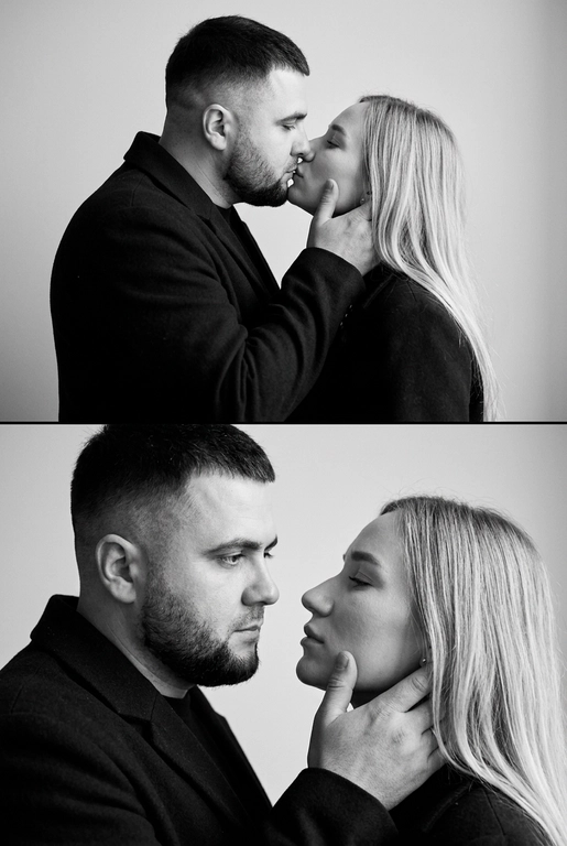 Не меняй внешность. Фотография представляет собой диптих (двойное изображение), выполненный в черно-белой гамме, который запечатлел пару в двух последовательных, нежных моментах. Общий стиль снимка — минималистичный и драматичный.
Верхний Кадр: Поцелуй
• Действие: Пара запечатлена в момент поцелуя.
• Мужчина: Слева, в профиль. Он одет в темное пальто или пиджак с высоким воротником. Его губы соприкасаются с губами женщины.
• Женщина: Справа, в профиль, с приподнятым подбородком, чтобы дотянуться до мужчины. У нее тонкие, изящные черты лица. Она одета в похожее темное пальто с воротником-стойкой.
• Эмоция: Кадр передает интимность и сосредоточенность на моменте соприкосновения.
Нижний Кадр: Нежность и Взгляд
• Действие: Мужчина и женщина смотрят друг на друга (или почти смотрят) на очень близком расстоянии.
• Мужчина: Слева, в профиль. Выражение его лица более серьезное и задумчивое. Он смотрит прямо на женщину.
• Женщина: Справа. Ее голова немного запрокинута, а глаза почти закрыты, что придает моменту большую чувственность.
• Взаимодействие: Рука мужчины (похоже, его правая рука) нежно поддерживает ее лицо сбоку, держа ее за челюсть/подбородок. Это движение подчеркивает заботу и глубокую эмоциональную связь между ними.
Общий Стиль и Композиция
• Цвет: Использование черно-белой палитры исключает отвлекающие цвета и усиливает драматизм, фокусируя внимание зрителя на контурах, текстурах и эмоциях.
• Одежда: Оба одеты в простые, темные вещи, которые гармонируют с общим настроением снимка.
• Фон: Однотонный, нейтральный, светлый фон (возможно, белая или светло-серая студийная стена), который создает сильный контраст с темной одеждой пары.
• Композиция: Диптих, разделенный горизонтальной линией, показывает два мгновения близости, создавая историю или последовательность.
Снимок производит впечатление элегантной, высококлассной модной или арт-фотографии, посвященной теме глубокой, серьезной любви и страсти.