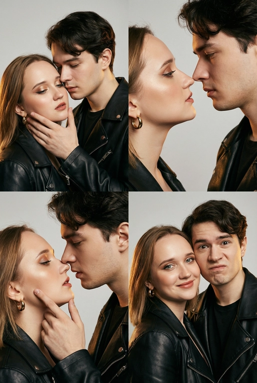 Фотореалистичный кинематографический коллаж в стиле фотобудки 2×2 из четырёх интимных портретов стильной пары крупным планом, расположенных в бесшовной сетке 2×2, на каждом кадре показана разная поза и выражение лица. Лица не меняются.  
  
Вверху слева — крупный план головы и плеч, мужчина нежно обнимает подбородок женщины; вверху справа — интимный профиль «нос к носу»; внизу слева — почти поцелуй с приоткрытыми губами и лёгким касанием щеки пальцами; внизу справа — игривый спонтанный снимок, где женщина смотрит в камеру, а мужчина корчит смешную рожицу.  
  
Обе модели модные и гламурные, тёплый загар с реалистичными бликами, естественная зернистость плёнки и тонкая текстура кожи. Женщина с золотыми серьгами‑кольцами, безупречным гламурным макияжем и блестящими губами; они оба в лёгких черных кожаных куртках; видны ювелирные украшения и фактурные ткани.  
  
Студийный бесшовный светло‑серый фон, мягкий равномерный ключевой свет спереди слева, тёплый вольфрамовый контурный свет справа для разделения, мягкие направленные тени для глубины. Кинематографическая атмосферная цветокоррекция с тёплыми бликами и нейтральными глубокими тенями, эстетика редакционного журнала. Сверхдетализированные пряди волос, реалистичные ресницы и брови, резкие отражения металла и ткани, правдоподобная ретушь журнального уровня, но при этом естественная.