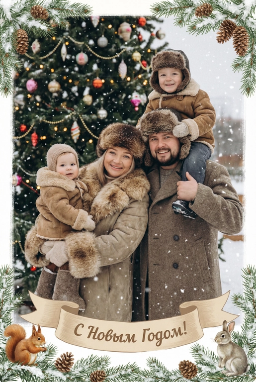   создай новогоднюю фотографию в стиле советского фильма: лица максимально похожи на исходное фото, на улице, в старой зимней одежде (пальто/шуба с меховым воротником, меховая шапки из ондатры или норки). Идёт снег. На фоне размытая украшенная советскими стеклянными игрушками ёлка с гирляндами и тёплыми огоньками. Внизу бежевая декоративная лента с надписью. Рамка по краям из еловых веток со снегом, добавить шишки, белочек и зайчиков. Атмосфера уюта и ностальгии, мягкие кистевые мазки, тонкая плёночная зернистость, мягкая глубина резкости. Надпись на ленте: "С Новым Годом!"