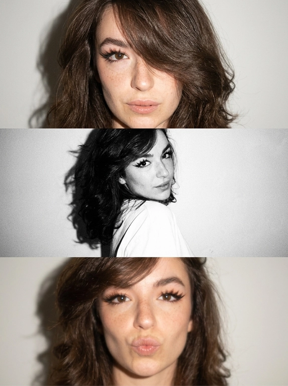 Не меняя черты лица как на фото, вертикальный коллаж из трех фото в стиле Y2K, персонаж позирует на нейтральном светлом фоне, жесткое прямое освещение от вспышки, создающее резкие тени на стене позади и эффект пересвета, лисий макияж, выраженные ресницы с вытянутым уголком, на первом и третьем кадре нет черно-белой обработки, второй кадр — черно-белый, на первой фотографии она очень близко к камере и смотрит прямо в объектив, на втором кадре корпус развернут, голова кокетливо повернута к объективу, на третьей фотографии она снова очень близко к камере, смотрит в объектив, дует губы бантиком и смотрит вперед, сочетание цветных снимков с мягким фокусом и черно-белого кадра с высокой контрастностью, крупный и средний план, минималистичная композиция, винтажная цифровая текстура, легкая размытость, гламурная атмосфера.




Какая будет прическа?: Женщина с красивой, объемной укладкой, укладка выглядит так, будто сделана на брашинг; укладка немного прикрывает лицо, но не сильно; укладка уложена на бок и частично закрывает левый глаз.