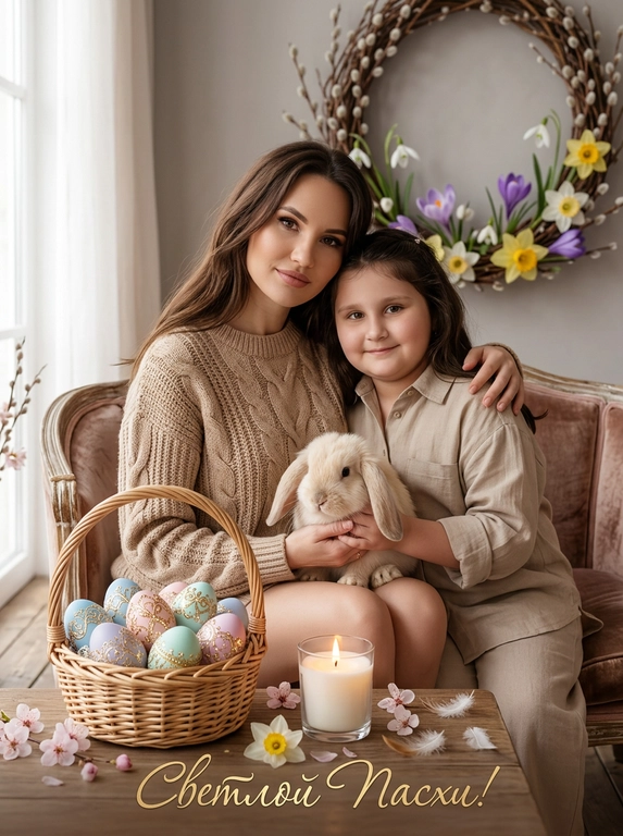 Две модели сидят вместе в уютной пасхальной обстановке. Одна модель сидит спереди, слегка повернувшись к камере, с волосами как у референса. Одежда нейтрального тёплого оттенка. Вторая модель сидит рядом, нежно обнимая первую за плечи, с волосами как у референса. Одежда нейтрального тёплого оттенка, без выраженных гендерных деталей. Выражение лица мягкое, заботливое, с тёплой нежностью. Обе держат вместе пушистого кролика с длинными ушами.
На переднем плане плетёная корзина из натуральной лозы с пасхальными яйцами пастельных тонов — голубыми, розовыми, мятными, лавандовыми, украшенными золотыми узорами и блестящими деталями. Рядом белая свеча в стеклянном подсвечнике с тёплым огоньком, рассыпаны лепестки весенних цветов и маленькие перышки.
Фон нейтрально-серый с пастельным оттенком, мягко размыт, с силуэтом пасхального венка из вербы и первоцветов — подснежников, крокусов, нарциссов. Мягкое освещение падает слева, подчёркивая текстуру кожи, шерсть кролика и блеск пасхальных яиц. Атмосфера нежности, умиротворения и сказочного пасхального утра, ощущение традиций и тёплой заботы.
Фотореалистичное изображение, высокая детализация текстур, 8K разрешение, профессиональная праздничная фотосессия. Оставь лица и возраст с исходного фото. 
Внизу красивая золотая надпись.

Какая будет надпись?: