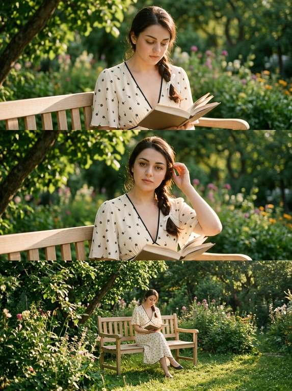 Ультрареалистичный, кинематографичный коллаж из трёх кадров с девушкой в саду. Атмосфера тёплого летнего дня, мягкий солнечный свет, проходящий через листву, лёгкие тени на траве и коже. Эстетика винтажной, уютной, почти сказочной сцены — как кадры из фильма или арт-фотосессии.

Окружение: зелёный сад, густая листва, цветы, мягкая трава, деревянная или светлая садовая скамейка. Тёплый золотистый свет (golden hour), естественные цвета, лёгкий film grain.

Одежда: на ней это платье (ссылка на фото-референс), романтичный и естественный образ.

Коллаж состоит из трёх кадров (вертикальный коллаж):

Кадр 1 (средний / ближе к крупному) - верхний:
Девушка держит открытую книгу и читает её, взгляд направлен вниз на страницы. Поза спокойная, естественная. Свет мягко падает сбоку, создавая тёплые блики. Атмосфера уединения и погружённости в момент.

Кадр 2 (средний план) - по середине:
Та же сцена и поза, девушка слегка поднимает взгляд и смотрит прямо в камеру. Взгляд спокойный, мягкий, живой. Одно рукой она поправляет волосы за ухо. Сохраняется естественность, как будто момент пойман случайно. Свет остаётся тёплым и мягким. 

Кадр 3 (дальний план) - нижний:
Широкий кадр: девушка сидит на садовой скамейке среди зелени и цветов, читает книгу. Много воздуха и пространства вокруг, сад в фокусе частично. Композиция гармоничная, ощущение тишины и уюта.

Общий стиль:
cinematic, soft natural light, golden hour, shallow depth of field (для первых кадров), wide shot (для третьего), film grain, dreamy atmosphere, vintage aesthetic, высокая детализация, 35mm / 50mm lens. 
Не меняй мою внешность.

Какая будет прическа на фото?: Волосы заплетены в раслабленную косу и завязаны тонкой белой лентой.