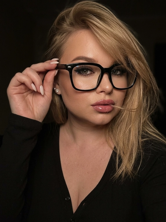 Максимально реалистичная фотография, темная винтажная эстетика в стиле dark glam glasses selfie, атмосферный ночной портрет.
Крупный портрет (Close-Up Portrait), кадр по грудь. Модель делает селфи, телефон не видно. Лицо занимает большую часть кадра, слегка повернуто вполоборота к камере. Голова немного наклонена. Взгляд направлен прямо в объектив, выражение спокойное, уверенное и притягательное. Губы слегка приоткрыты. Одна рука поднята к лицу и аккуратно касается оправы очков, словно поправляя их.
Макияж: Безупречный dark glam makeup. Ровный сияющий тон кожи, четко оформленные темные брови, длинные густые ресницы, тонкая стрелка, мягкий контуринг. Губы розово-винного оттенка с влажным глянцевым финишем.


Аксессуары: Крупные черные очки с прозрачными линзами и массивной квадратной оправой. На линзах заметны мягкие отражения света. Маленькие серьги-гвоздики. Длинный миндалевидный маникюр молочно-бежевого оттенка.

Одежда: Черный лонгслив с глубоким вырезом и небольшими пуговицами спереди. Темная ткань почти сливается с фоном, сохраняя видимую текстуру и силуэт.

Локация: Фон полностью черный.

Освещение: Мягкий приглушенный свет спереди и немного сбоку, словно от экрана телефона. Свет деликатно подсвечивает лицо, очки, губы, пальцы и ногти, оставляя волосы и одежду в глубоких тенях.

Камера: Реалистичное селфи высокого качества, RAW photo, натуральная перспектива смартфона, высокая детализация лица и аксессуаров.

Глубина резкости: Небольшая. Лицо, очки, губы и рука находятся в фокусе, фон растворяется в мягкой темноте.

Кожа: Реалистичная текстура кожи с видимыми порами, естественными переходами света и тени, без эффекта пластика и чрезмерной ретуши.

Детали: Блики на линзах очков, влажный блеск губ, отдельные волоски и пряди на лице, текстура ткани, отражения света на ногтях, легкое пленочное зерно.

Атмосфера: Загадочный ночной вайб, уверенность, женственность, винтажная эстетика, ощущение случайного красивого селфи в темноте.

Какая будет прическа?: Волосы перекинуты на одну сторону. Несколько тонких прядей проходят через щеку и губы, создавая живой эффект движения. Видна естественная текстура и мягкий блеск.