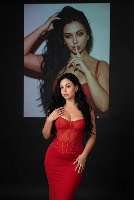 Создайте фотографию женщины в элегантной позе. На ней — слегка прозрачный облегающий красный корсет и длинное облегающее красное платье. Одной рукой она касается области груди, а другой — мягко опирается на бедро, что создаёт динамичную позу. Она смотрит с уверенностью и чувственностью. На ней простые серьги.
Эта женщина на переднем плане занимает меньшую часть высоты изображения. На ней — слегка прозрачный облегающий красный корсет и длинное облегающее красное платье.
Фон тёмный и минималистичный, с мягкой теневой проекцией той же женщины (в другой позе или в виде абстрактной фигуры) в верхней части изображения. Проекция — естественное цветное изображение женщины, которая представлена значительно крупнее и занимает большую часть верхней части фона. Она выглядит соблазнительно: одной рукой держит волосы, а палец другой руки прижала к губам, смотря при этом соблазнительным взглядом.
Не изменяй черты лица. Длинные волнистые чёрные волосы