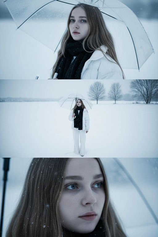 Создай вертикальный кадр, разделённый на три горизонтальных изображения одинакового размера, расположенных рядом. Главный персонаж основан на референсном лице, причёске и фигуре: фигура с выражением грусти и ностальгии, с глубокими глазами, излучающими одиночество. Наряд представляет собой свободный белый зимний пуховик, широкие брюки и чёрный шарф. Общая атмосфера утопает в белом снеге, холодная цветовая палитра навевает меланхолию и одиночество. Изображение 1 (портрет): Персонаж держит прозрачный зонт, слегка откинув голову назад и глядя прямо в кадр через плечо. Выражение лица печальное, взгляд проникновенный. Фон размыт снежной белизной. Изображение 2 (в полный рост): Персонаж с зонтом стоит один на бескрайнем заснеженном поле, идя и глядя в небо. Камера направлена ​​сверху вниз, как будто персонаж поднимает руку, чтобы поймать падающие снежинки. Вдали виднеются несколько голых деревьев без листьев. Сцена передаёт ощущение ничтожности и изолированности на фоне бескрайности природы. Изображение 3 (крупный план): Увеличенный кадр глаз персонажа с отстранённым, печальным взглядом, вызывающим чувство одиночества и тоски.