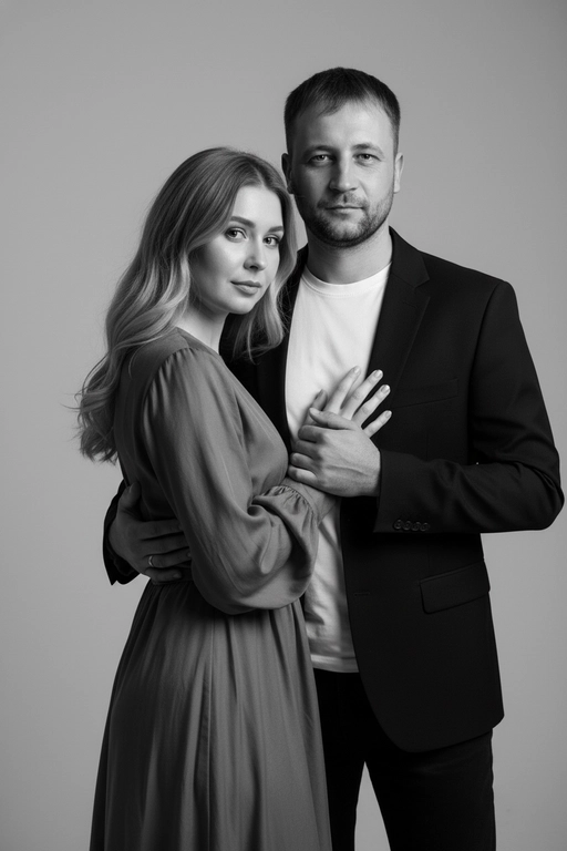 Черно-белый портрет мужчины и женщины в стиле фэшн фотосессии в фотостудии. Не изменяйте лица. Фон нейтральный, однотонный, светло-серый. Атмосфера интимная и спокойная. На переднем плане женщина. Вся композиция выполнена в приглушенной монохромной гамме со студийным освещением, которое подчеркивает текстуру кожи и одежды. Её руки лежат на груди мужчины. Мужчина обнимает женщину сзади, положив свою руку поверх её руки. Она одета в платье . Мужчина одет в  классическом черном пиджаке и белой футболке.