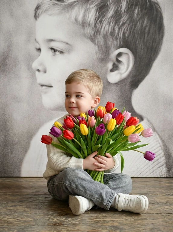 Создай портрет, не меняя черты лица, и превратите его в художественный портрет.
Ребенок сидит на полу в изящной позе, в белой кофте, мягких свободных серых джинсах и белых спортивных кроссовках. Ребенок держит в руках огромный букет ярких разноцветных тюльпанов.
Выражение лица — лёгкая улыбка, ребенок смотрит в сторону. 
Фон — тот же его профиль, в мягком крупном чёрно-белом художественном стиле, крупный план сбоку.
Композиция должна быть художественной, мягкой, реалистичной.
Создай изображение, которое выглядит как настоящая фотография. 
Не меняй черты лица.