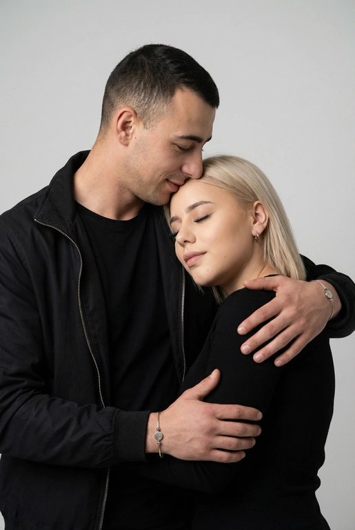   Мужчина и женщина позируют в студии в объятиях. Мужчина стоит позади женщины, обнимая её обеими руками; его тело повернуто к ней, голова слегка наклонена вниз, губы касаются её лба. Женщина немного отклоняет голову назад к его плечу, её глаза закрыты. Кадр — средний, от талии до головы, снят на уровне глаз. Композиция плотная, акцентирует линии рук и соприкосновение лиц. Женщина стоит, прямо обращённая к камере.
На ней облегающий чёрный топ без рукавов с высоким воротом, из плотной матовой ткани.
Мужчина одет в чёрную футболку и чёрную неброскую куртку. На обоих запястьях — тонкие металлические браслеты с минималистичными круглыми подвесками, а женщина носит небольшие светлые металлические серьги с гладкой поверхностью.
Обстановка минималистичная: однотонный светло-серый фон без текстуры.
Освещение — мягкий студийный свет: рассеянный фронтальный и боковой свет создаёт плавные переходы света и тени на лицах и руках. Тени мягкие, средней глубины. Контраст умеренный, без жёстких бликов. Свет равномерно распределён по фигурам, фон подсвечен мягко, без выраженных градиентов.
Съёмка на портретный объектив 85 мм, малая глубина резкости с чётким фокусом на лицах и руках; фон слегка размыт, текстуры кожи и ткани высоко детализированы. Это минималистичный студийный портрет, высокодетализированный и фотореалистичный.
Минималистичное романтическое студийное настроение, нейтральные тёплые тона кожи, низкая–средняя насыщенность, мягкое рассеянное освещение, средний контраст с нежными тенями, плавные переходы бликов, естественная передача кожи, чистый светлый фон, тонкий тональный баланс, современная мягкая редакционная цветокоррекция. Волосы женщины не менять.
У девушки чёрный лонгслив 