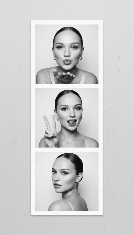 Используя мою фотографию в качестве референса для лица и волос, не изменяя исходные черты лица и сохраняя верность моим физическим характеристикам, создайте ленту из фотографий в ч/б с тремя вертикальными белыми рамками. Лента выглядит так, будто лежит на столе или фоне. Фотографии выглядят профессионально , как будто из настоящей фотобудки. 

В каждой рамке по центру расположены портрет и фотография погрудной проекции одного и того же человека. Взгляд прямо в камеру.

Общая эстетика винтажная, с лёгкой зернистостью и выцветшим качеством, напоминающая классическую аналоговую фотографию. Но при этом изображение выполнено в высоком разрешении. На светло-сером фоне видны едва заметные следы пыли и царапин. Лица человека на белом фоне. 
НЕ ИЗМЕНЯЙТЕ МОЁ ЛИЦО. На верхнем фото девушка посылает зрителю воздушный поцелуй, поднеся правую руку ко рту и слегка поджав губы. Выражение её лица игривое и дружелюбное.  На среднем фото девушка мило и игриво показывает знак мира, высунув язык. Брови слегка приподняты. На нижнем фото девушка позирует, отвернувшись к плечу, смотрит прямо в камеру с более спокойным и уверенным выражением лица. Губы мягко сжаты, взгляд прямой и чувственный. ОДЕЖДА: На ней маленькие серьги-кольца и изящное ожерелье с символом бесконечности поверх светлого атласного или шёлкового топа. На ней естественный макияж, включая глянцевый блеск для губ, лёгкую подводку для глаз и кукольные нарощенные ресницы, без излишеств. У неё квадратный французский маникюр. 