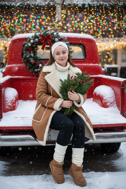 Портрет молодой женщины, сидящей на кузове винтажного красного грузовика. Девушка держит на руках животное. На ней коричневая дубленка с белой окантовкой из овчины по воротнику, манжетам и карманам, под дубленкой белый свитер с горловиной, черные лосины тканевые без блеска, на ногах укороченные, высотой до щиколоток коричнево-бежевые угги на платформе и кремовые гетры до середины икр, выглядывающие из уггов. 
Девушка смотрит в камеру, на ее лице легкая улыбка. 

На грузовике — праздничный рождественский венок. На земле лежит снег.

Мягкий снег падает. Атмосфера — реалистичная, теплая и немного кинематографичная. Сияющие рождественские огоньки и украшения создают яркую теплую атмосферу. Разрешение 8K, акцент на текстуру одежды, снег и сверкающие огоньки на заднем фоне. —ar 3:4 —v.

Не меняй черты лица.  На голове девушки белая повязка. Держит в руках букет из еловых веток 