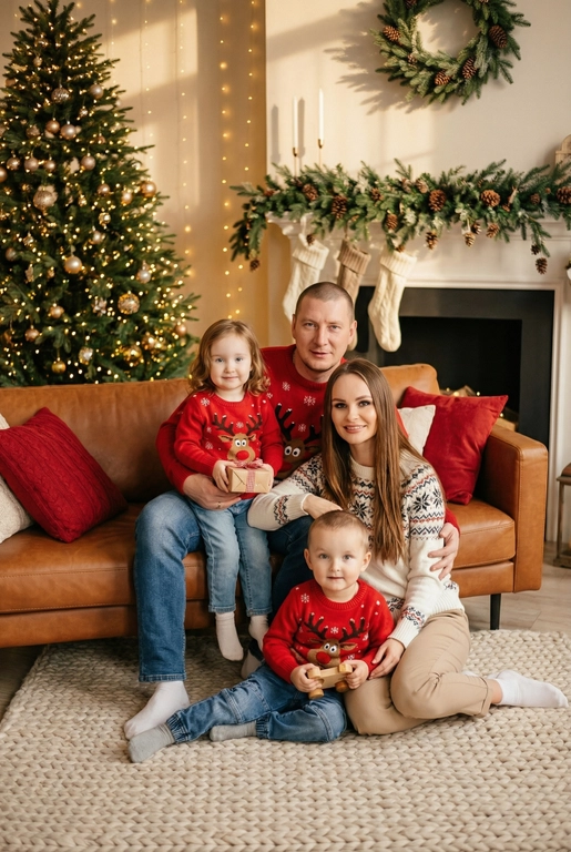   Создай трогательный кадр из профессиональной фотосессии в студии, где запечатлен момент семейной близости. Люди на фото могут быть как взрослыми так и детьми, в зависимости от предоставленных фото. Сделай так, чтобы все они смотрелись гармонично и трогательно. Фото в стиле Энни Лейбовиц, четкий фокус.

Люди в расслабленных позах на низком коричневом кожаном диване и на плотном светлом вязаном ковре. Естественные прически и минимальный макияж. 

Студия украшены в рождественском или новогоднем стиле, рядом с диваном стоит елка, позади дивана камин. Каминная полка украшена еловой гирляндой, шишками и маленькими рождественскими носочками. На диване красные декоративные подушки. В студии висят теплые гирлянды и мягко светятся.  

На фото видно лица людей и они смотрят в камеру.
 
Освещение мягкое, естественное, теплое, в стиле "Золотой час", мягкие тени, камера на уровне глаз, теплый цветовой грейд (золотисто-коричневые тона), натуральные оттенки, тонкая ретушь, мягкая пленочная текстура, атмосфера уюта, семейного тепла и близости. Одежда в новогоднем стиле: уютные свитера - красного или белого цвета, с узорами или вышивкой оленя, джинсы и бежевые брюки 