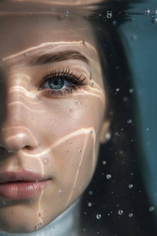 Гиперреалистичный, сверхдетализированный
макропортрет, на котором запечатлена только левая половина человеческого лица, погруженного под воду. Один глаз находится в резком фокусе у крайнего левого края кадра. Лучи света создают динамичные блики на коже, подчеркивая поры, влажные губы, ресницы и тонкие текстуры, создавая эффект реалистичного рассеивания под поверхностью. Капли и пузырьки воздуха придают глубину и подвижность.
Кинематографическое подводное освещение с мягкими тенями и четкими бликами усиливает сюрреалистическую, сказочную атмосферу.
Чрезвычайно малая глубина резкости, фотореалистичный рендеринг. Не меняй внешность, полностью сохрани черты лица.