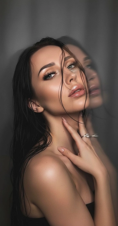 Создайте портрет женщины с длинными, волнистыми, влажными волосами, свободно ниспадающими на плечи, некоторые пряди прилипают к лицу. Она чувственно смотрит в камеру, слегка откинув голову назад, словно наслаждаясь мгновением покоя или чувственности. Её рука нежно лежит на шее, на пальце – эффектное сверкающее кольцо. Плечи опущены. Тёмный, почти однотонный и размытый фон подчёркивает силуэт и лицо женщины. Весь образ мастерски передан с помощью размытия в движении и световых бликов, которые создают ощущение естественного, сказочного движения головы и руки. Мягкие, тёплые тона, лёгкое свечение кожи и губ создают интимную, чувственную и таинственную атмосферу. Эффекты: размытие в движении, художественная длительная выдержка, тёплые тона, атмосфера сновидения. Макияж выразительный: длинные чёрные ресницы, бежевые тени с лёгким мерцанием, выразительные контуры и румяна, безупречная кожа и пухлые губы с нюдовым блеском и тёмно-коричневым карандашом для губ. Ухоженные брови с эффектом Bravenlifting. Длинные, заостренные ногти. Реалистичное фото, как будто снято на профессиональную камеру. Сохраните черты лица такими, какие они есть.