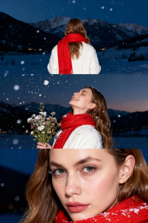 Создай коллаж не меняя черты лица. Кинематографический зимний коллаж из трёх кадров: девушка на фоне заснеженных гор и замёрзшего озера, мягкий вечерний свет, холодно, падает снег. На ней белое шерстяное пальто и ярко-красный шарф, в руках букет зимних полевых цветов. Первый кадр — со спины, её волосы и красный шарф выделяются на фоне темно-синего неба и гор; второй кадр — голова поднята вверх, глаза закрыты, улыбается, ловит снежинки, в руках букет, атмосфера лёгкости и свежести. на ней белое шерстяное пальто и ярко-красный шарф; третий кадр — очень крупный портрет на фоне темно-синего неба, взгляд в камеру, на ресницах снег, мягкий румянец, естественный макияж. Видно часть шарфа. Акцент на глаза. Настроение — романтичное, зимнее, немного меланхоличное, стиль — реалистичный, кинематографический, контраст белого снега и красных акцентов. Все фото сделаны ночью со вспышкой. Пленочная фотография.