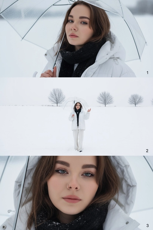 Создай вертикальный кадр, разделённый на три горизонтальных изображения одинакового размера, расположенных рядом. Главный персонаж основан на референсном лице, причёске и фигуре: фигура с выражением грусти и ностальгии, с глубокими глазами, излучающими одиночество. Наряд представляет собой свободный белый зимний пуховик, широкие брюки и чёрный шарф. Общая атмосфера утопает в белом снеге, холодная цветовая палитра навевает меланхолию и одиночество. Изображение 1 (портрет): Персонаж держит прозрачный зонт, слегка откинув голову назад и глядя прямо в кадр через плечо. Выражение лица печальное, взгляд проникновенный. Фон размыт снежной белизной. Изображение 2 (в полный рост): Персонаж с зонтом стоит один на бескрайнем заснеженном поле, идя и глядя в небо. Камера направлена ​​сверху вниз, как будто персонаж поднимает руку, чтобы поймать падающие снежинки. Вдали виднеются несколько голых деревьев без листьев. Сцена передаёт ощущение ничтожности и изолированности на фоне бескрайности природы. Изображение 3 (крупный план): Увеличенный кадр глаз персонажа с отстранённым, печальным взглядом, вызывающим чувство одиночества и тоски.