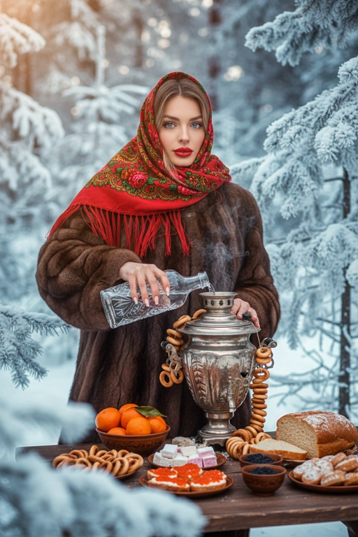  Создай насыщенный, атмосферный, зимний портрет на улице. Я нахожусь в заснеженном лесу, окруженном елями, и стою за столом, накрытым для традиционного чаепития. На мне надета большая, пушистая, роскошная, дорогая, шуба из натурального баргузинского соболя, яркий русский платок (павлопосадский платок) красного цвета, повязанный на голову, с акцентом на красной помаде. Правой рукой наливаю прозрачную жидкость из большой хрустальной бутылки в маленький стеклянный бокал. Я смотрю в камеру .На столе стоит старинный серебряный самовар, украшенный связками золотистых баранок, а также миски с мандаринами, русскими сладостями, бутерброды с красной икрой, черная икра в маленькой миске, нарезанный батон.
Зимний лес, всё покрыто инеем и мягким снегом. Качество: реалистичная фотография, кинематографический свет, мягкое боке, теплый тон, детальная проработка меха и узоров на платке.