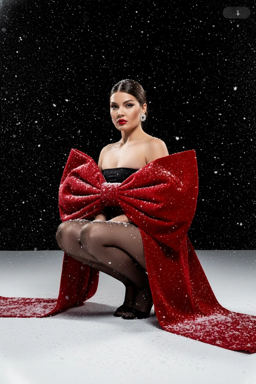 Создай изображение не меняя черты лица. Студийный портрет в стиле рождественской/новогодней модной кампании. Я в элегантной, присевшей позе, взгляд сфокусирован прямо в камеру. Огромный, гипертрофированно большой, роскошный бант из красного бархата, который обернут вокруг тела модели как кутюрный элемент одежды  с очень длинными, широкими ниспадающими концами, которые тянутся по полу. Бант и белый пол покрыты имитацией снега. Минималистичный черный топ без бретелей (bandeau) ,темные, полупрозрачные колготки, черные босоножки с открытым носом, на среднем каблуке. Гладко зачесанные назад волосы. Классический, выразительный макияж: яркая алая помада, четкие черные стрелки, хайлайтер. В ушах крупные, блестящие серьги-гвоздики.

Драматичное, контрастное студийное освещение (split lighting). Ярко освещенный белый пол/поверхность. Фон — глубокий черный, с эффектом динамично падающего яркого снега (snow dust effect).Фотография в высоком разрешении, гиперреализм, кинематографическое качество, профессиональный editorial-снимок для обложки Vogue, снято на камеру Hasselblad.